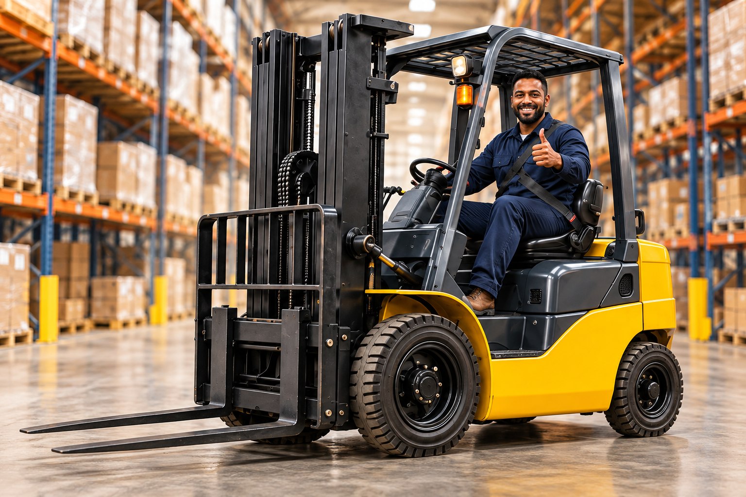 Yellow and black forklift with an operator in a warehouse